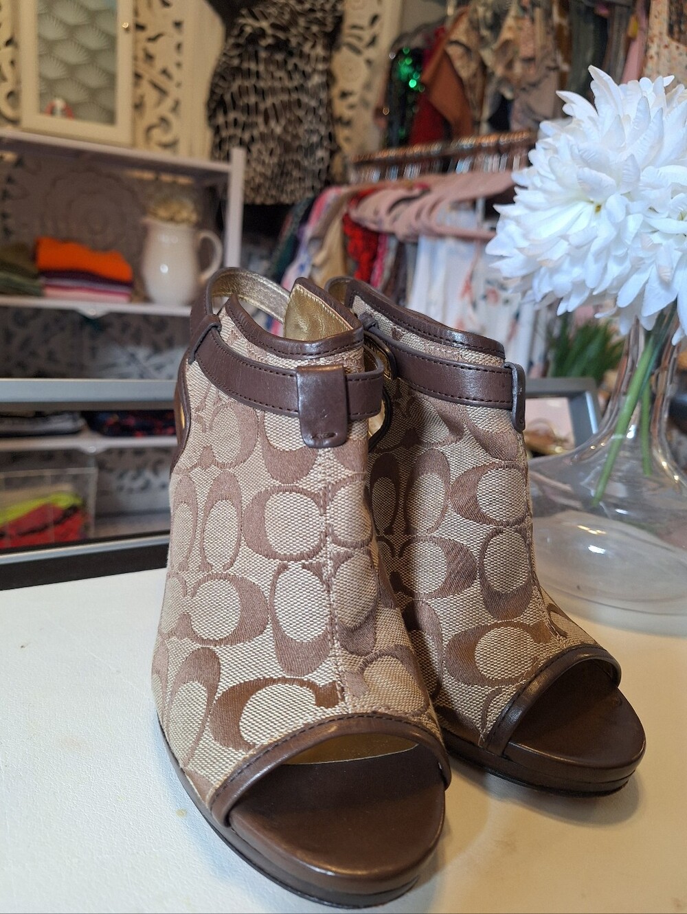 Coach Tan/Brown Signature Canvas Peep-Toe Mules
